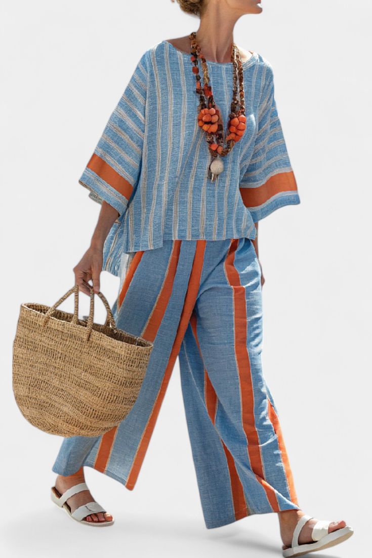 Velmere | Sophisticated Terracotta Striped Top & Linen Pants